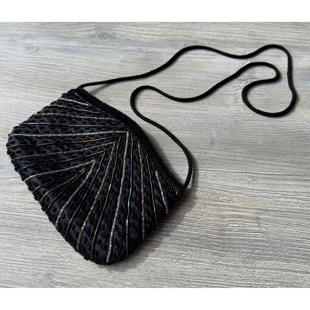Vintage Black Beaded Satin Evening Bag Crossbody Purse Chevron Hasi Hato
